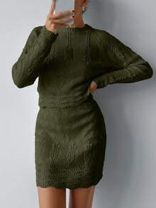 EURMUSE Elegant Texture Knit Hollow Out Sweater & Sweater Skirt Co-Ords 2 Pieces Set - Army Green - View 5