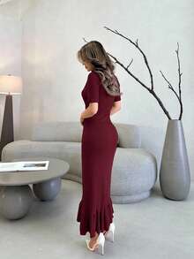 Jemour 勃艮第红女士纯色 V 领短袖单排扣长款优雅针织毛衣连衣裙 - 酒紅色 - 查看 2