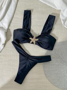 Swim Chiccia 女士纯色粗肩带金属装饰假日泳装套装 - 黑色 - 查看 3