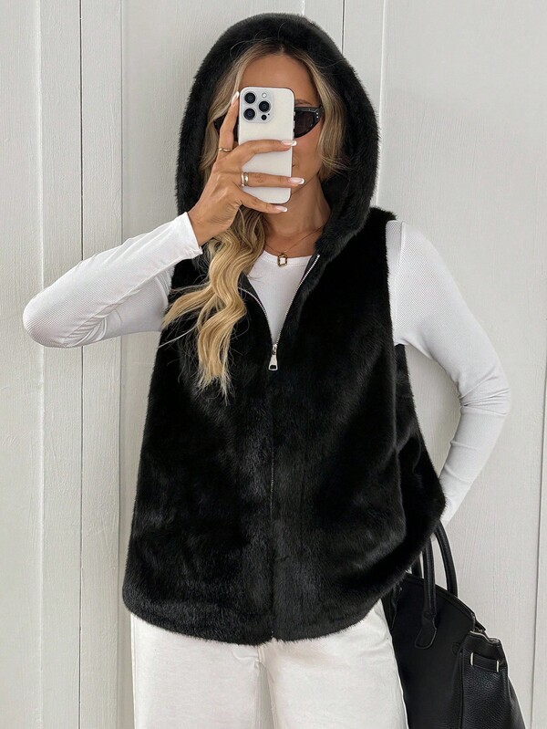 SHEIN LUNE جاكيت صوفية بغطاء رأس مزودة بسحاب للنساء، لون أحادي، من الفرو الصناعي، للخريف والشتاء