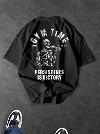 Sport MetroGents Men's Letter & Skull Graphic Round Neck Short Sleeve Sports T-Shirt Gym T Shirt Graphic T Shirt Oversized Gym T Shirt Skeleton Graphic Tee Oversized T Shirt