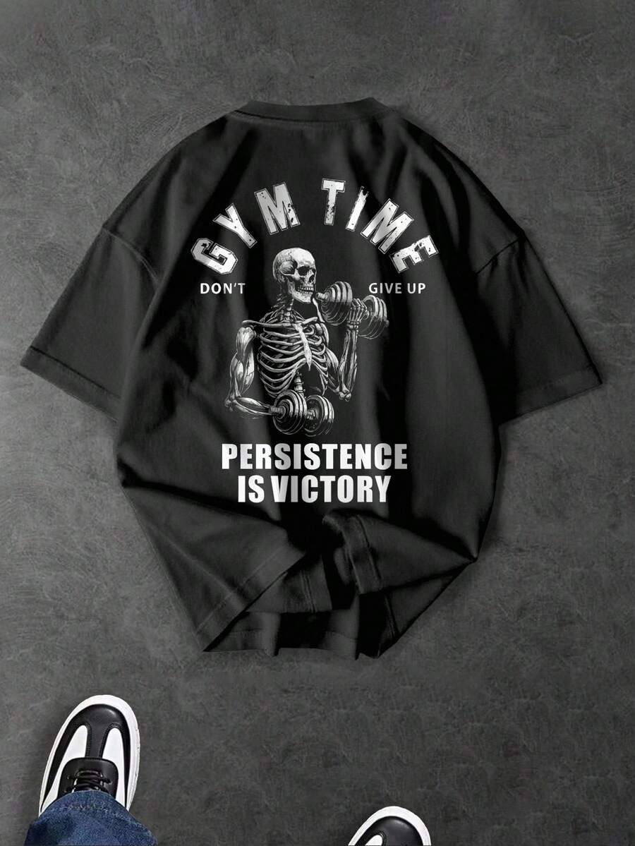 Sport MetroGents 男式字母与骷髅图案圆领短袖运动T恤 - 黑色 - 查看 1