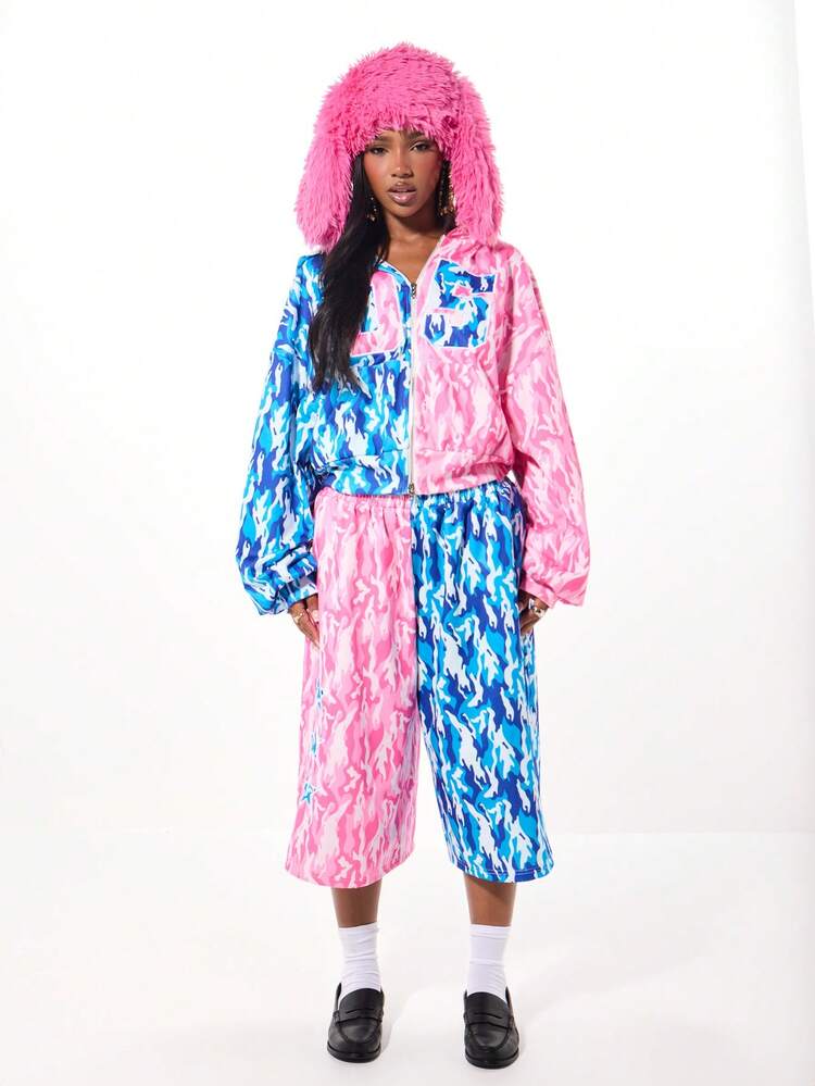 SUMWON WOMEN Split Color Block Camo Print Zip Hoodie With Fluffy Hood