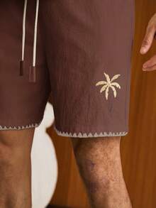 SWAVVY 2pcs Men Casual Loose Fit Short Sleeve Shirt And Elastic Waist Straight Leg Shorts Set - Coffee Brown - View 8