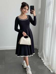 SHEIN Tween Girl Black Vintage Lace Trim Elegant Beaded U-Neck A-Line Mini Dress, Party Dress, Long Sleeve Mini Dress For Outing, Party, Graduation, Suitable For Halloween, Christmas - Black - View 3