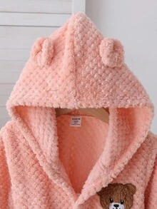 女童幼儿毛绒简约时尚小熊刺绣长袖连帽长袍睡衣 - 粉色 - 查看 4