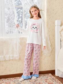 SHEIN Girls Cute Cat Print Short Sleeve Top And Bow Print Long Pants Pajama Set - Pink - View 1