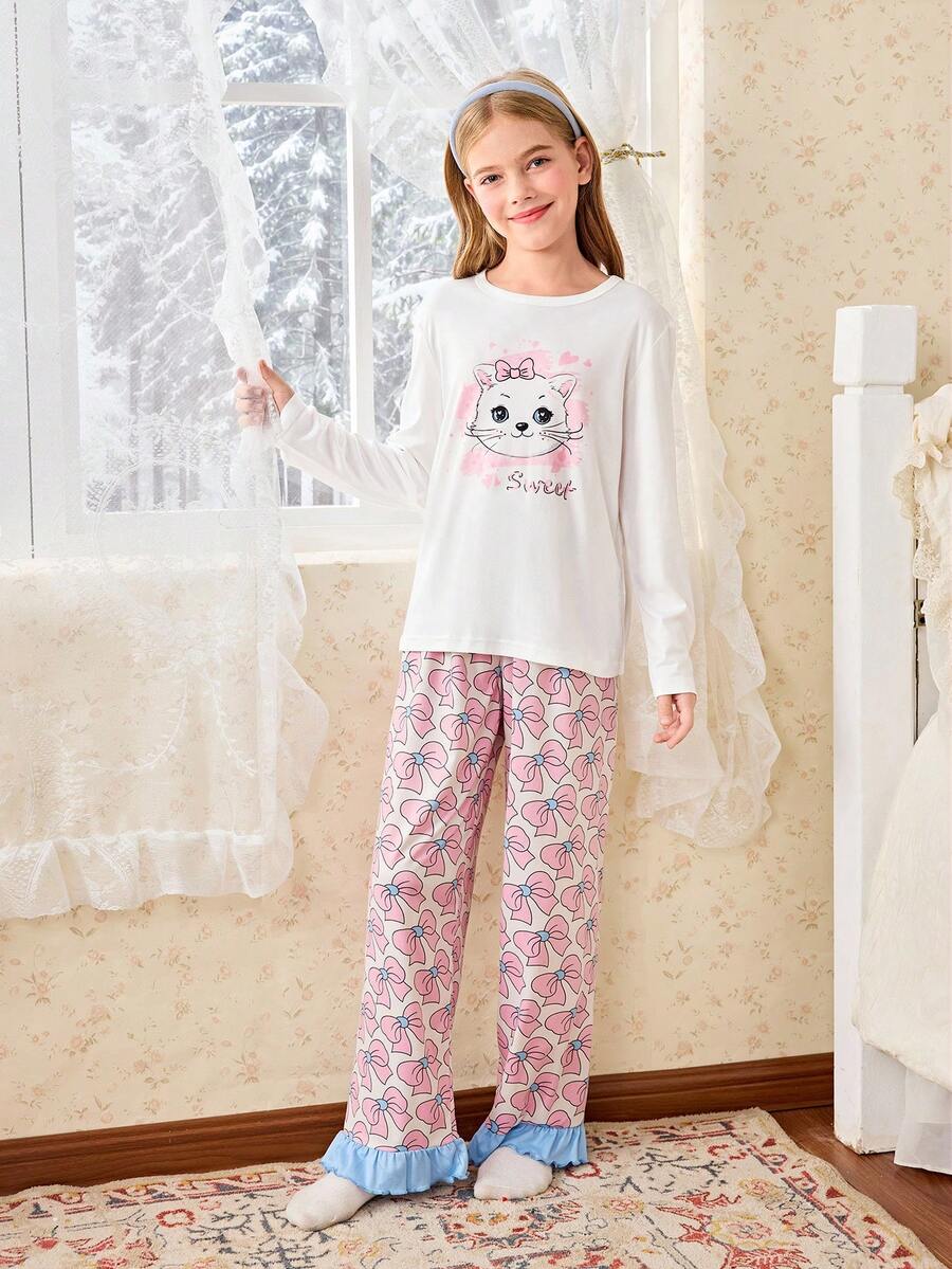 SHEIN Girls Cute Cat Print Short Sleeve Top And Bow Print Long Pants Pajama Set - Pink - View 1