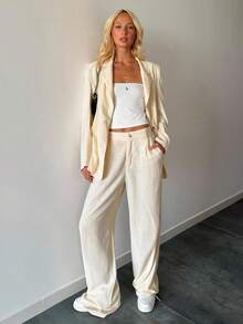 SHEIN EZwear Traje de chaqueta y pantalones de unicolor casual y de oficina para mujer, ropa de otoño e invierno - Albaricoque - Ver 1