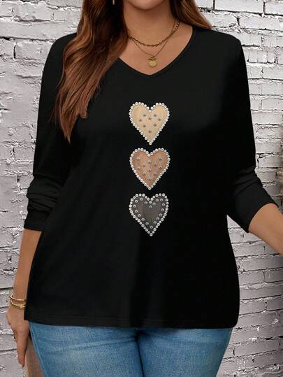 EMERY ROSE Camiseta de manga larga holgada con cuello en V para mujer de talla grande, camiseta casual de uso diario, camiseta linda de talla grande, camiseta de manga larga de talla grande para mujer, camisetas de talla grande para mujer, camisetas casuales de talla grande para mujer