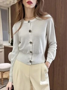 Chiquease Solid Color Knit Cardigan With Metal Buttons, French Style Sweater, Spring/Autumn - White - View 5