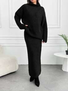 SHEIN Tall Women Sweater And Skirt Elegant Sweater Co-Ords Set Pullover And Maxi Skirt - Black - View 4