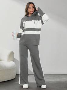 SHEIN Tall Two Tone Drop Shoulder Drawstring Hooded Sweater & Split Hem Knit Pants - Grey - View 3