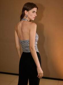 MOTF PREMIUM SEQUINS OPEN BACK ASYMMETRICAL HEM SLIM FIT HALTER TOP - Light Grey - View 3