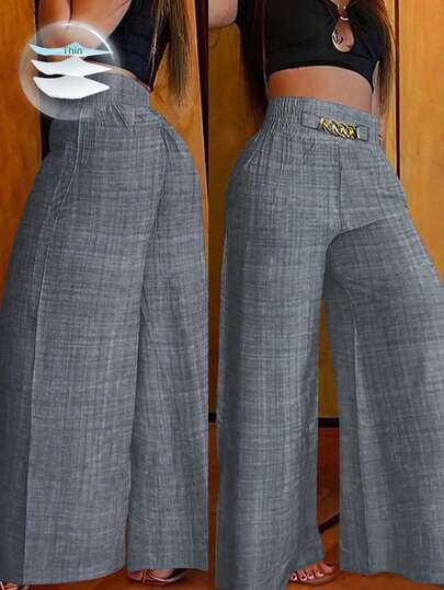 Breezaya Pantalones cargo de lino sueltos y casuales para mujer con cadena de metal, pantalones anchos y sueltos de otoño, conjuntos casuales de temporada con estampado de cuadros, ropa de primavera para la universidad, ropa de otoño para mujer