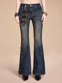 ROMWE Grunge Punk Vintage Distressed Denim Flare Jeans With Tie Belts & Mini Raccoon Decor, Shibuya Girl Style - Dark Grey - View 12