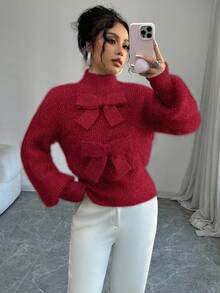 Elenzga 女式高领纯色落肩长袖蝴蝶结装饰时尚针织套头衫 - 紅色 - 查看 6