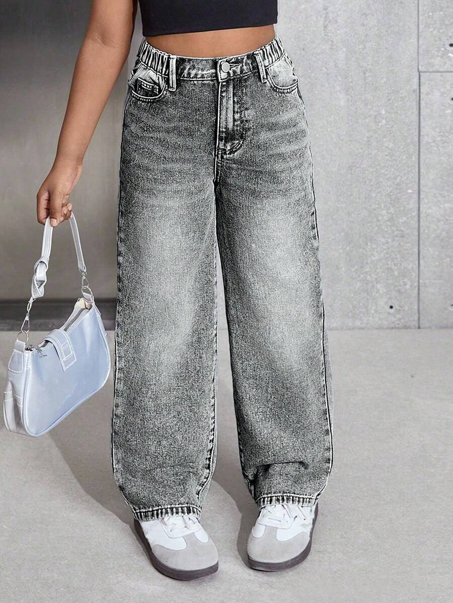SHEIN Explorewe Teens/Girls Versatile Casual All-Match Daily Loose Straight Washed Denim Jeans, Comfortable All Year Round Summer Holiday