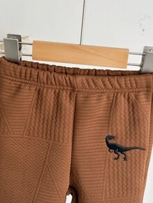 SHEIN 1 套男童休闲连帽服装，棕色恐龙刺绣夹克 + 松紧袖口裤子，秋冬 - 棕色 - 查看 3