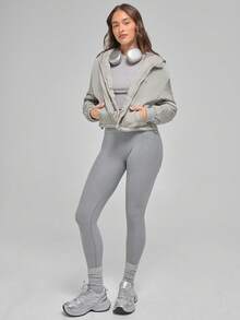 Menodora SHEIN Sport Chaqueta casual con capucha y cremallera de unicolor para mujeres, ropa de otoño e invierno - Plateado - Ver 5