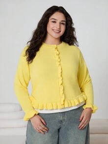 Solflare Cárdigan de talla grande de color liso con volantes, informal para otoño/invierno - Amarillo Mostaza - Ver 3