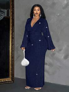 Maweii 大码女式优雅亮片深V领长袖连衣裙长款女装 - 藏蓝色 - 查看 5