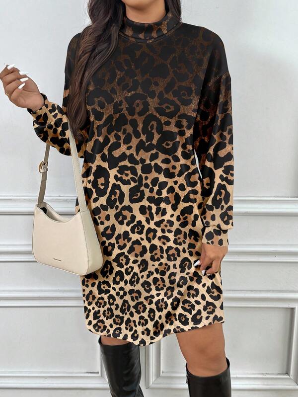 SHEIN Frenchy Plus Size Casual Leopard Prints Color Stand Collar Long Dress For Autumn & Winter Women Long Sleeve Dress Fall Dress Leopard Print Dress Animal Print Dress