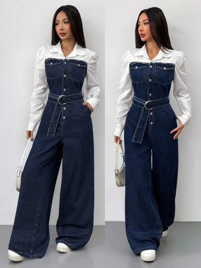 Siren Gaze 女式牛仔背带裤和连体裤，休闲修身长袖