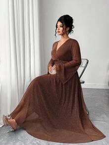 Elenzga Váy maxi dự tiệc thanh lịch, tay loe, cổ chữ V xếp ly kim loại cỡ lớn dành cho nữ, thu/đông - màu nâu - Xem 8