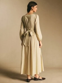 Poéselle Leinenkleid, Langarmkleid, Maxikleid, Damen-Maxikleid mit langen Ärmeln und Empire-Taille – Cottagecore-Präriekleid mit Puffärmeln, Cottagecore-Kleid, Präriekleid, Maxikleid mit Puffärmeln, Empire-Taille-Kleid, neutrale Ästhetik, langes Herbstkleid, Vintage-inspiriertes Kleid, einfarbiges Damenkleid mit Rundhalsausschnitt, Laternenärmeln und taillierter Taille, elegant, geeignet für den Alltag, zum Ausgehen, Pendeln, für den Urlaub, zu Hause und andere Anlässe, Herbst/Winter - Khaki - Übersicht 2