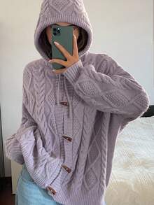 Livesso Cardigan Kasual Wanita Berkerudung dengan Kancing Tanduk, Musim Gugur - Purple - View 1