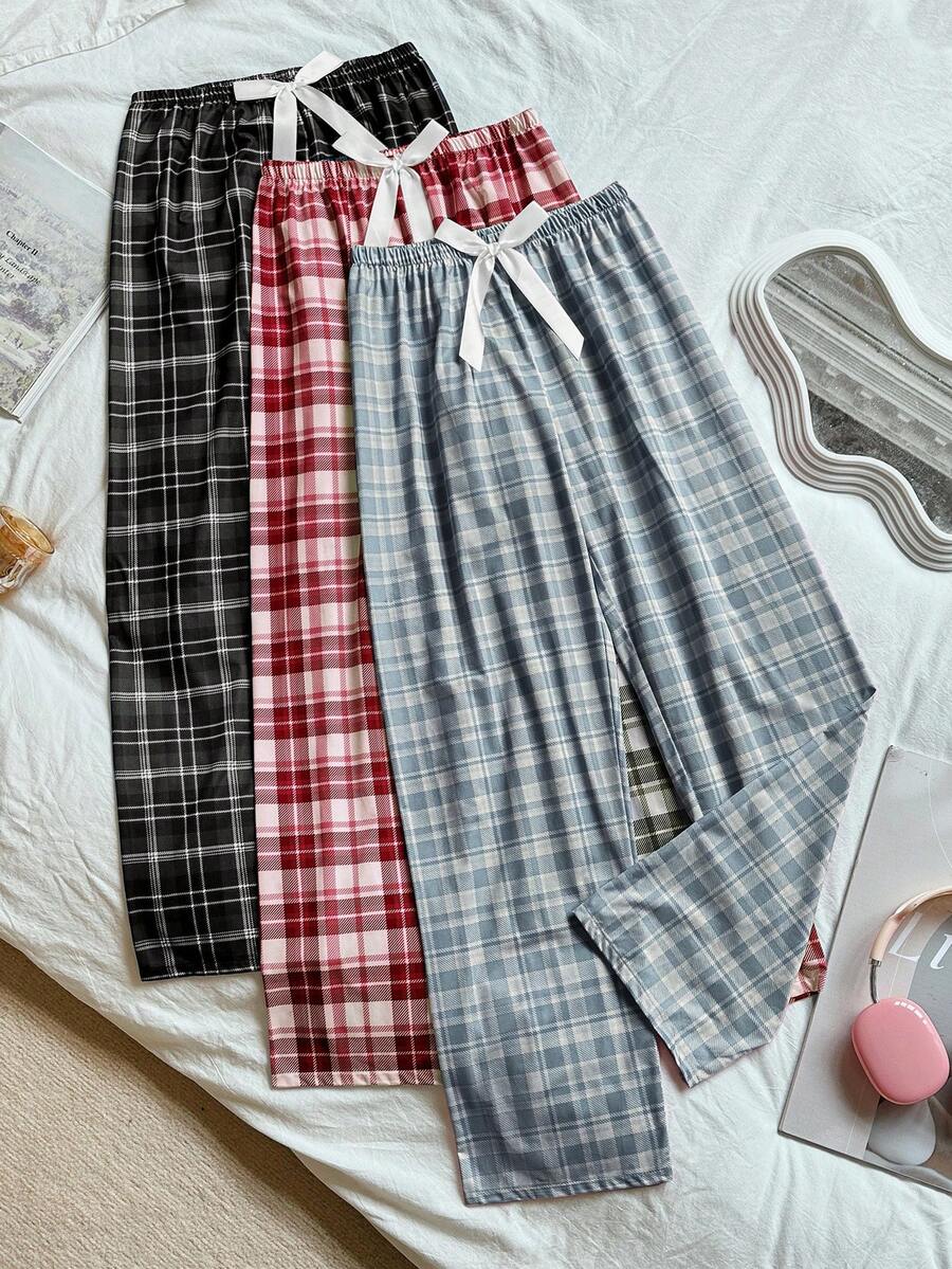 SHEIN 3件套女士休闲缎面蝴蝶结松紧腰格子印花睡裤套装，秋冬服装 - 彩色 - 查看 1