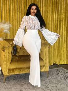 Slaydiva 秋冬新款优雅休闲外出、派对、约会、晚宴、婚礼、毕业典礼、舞会、生日等场合适用的修身纯白色圆领长袖多层荷叶边拼接透视网纱拼接喇叭裤大码连体裤 - A - 白色 - 查看 5