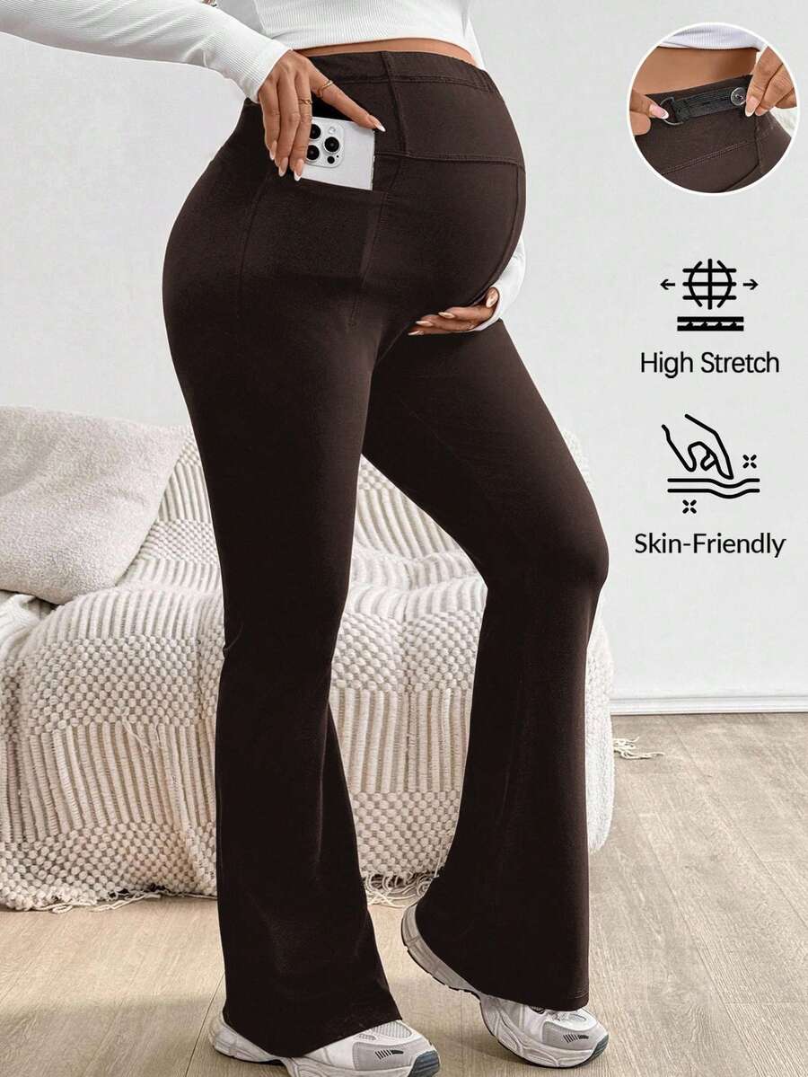 SHEIN Maternity Adjustable Waist Skinny Flared Long Pants With Super High Waist Maternity Pants Flared Leggings For Women Pregnancy Clothes Pregnancy Pants Brown Bottoms Women - Coffee Brown - View 1