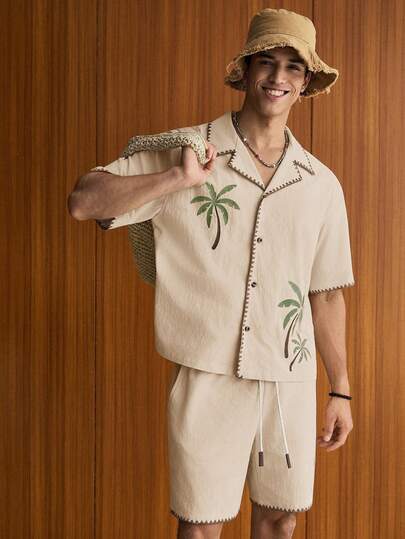 SWAVVY 2pcs Men Casual Loose Fit Short Sleeve Shirt And Elastic Waist Straight Leg Shorts Set, Cozy Outfits