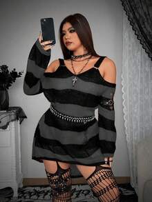 Whyspr Plus Size Fashionable Color Block Striped Distressed Off-Shoulder Sweater, Autumn