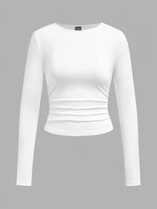 SHEIN EZwear Set de 3 camisetas de manga larga con cuello redondo y fruncido de unicolor casual para mujer, otoño/invierno