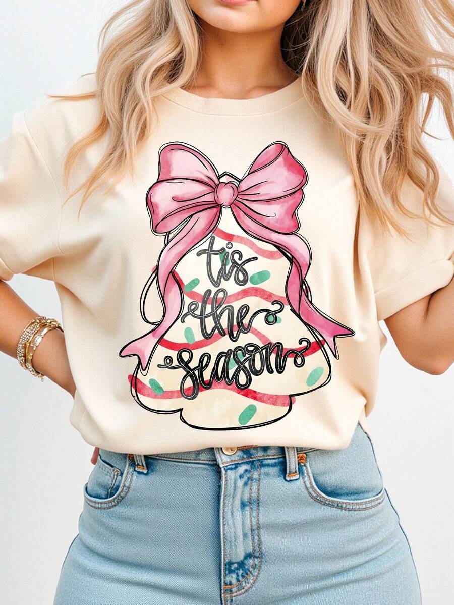 EMERY ROSE 女式休闲蝴蝶结图案圆领落肩短袖T恤 - 杏色 - 查看 1