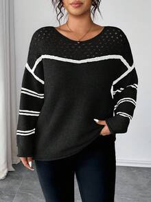 Elenzga Plus Size Women Sweater, Knitted Hollow Out Ribbed Hem Colorblock Striped Long Sleeve Pullover Casual Versatile Sweater - Black and White - View 3