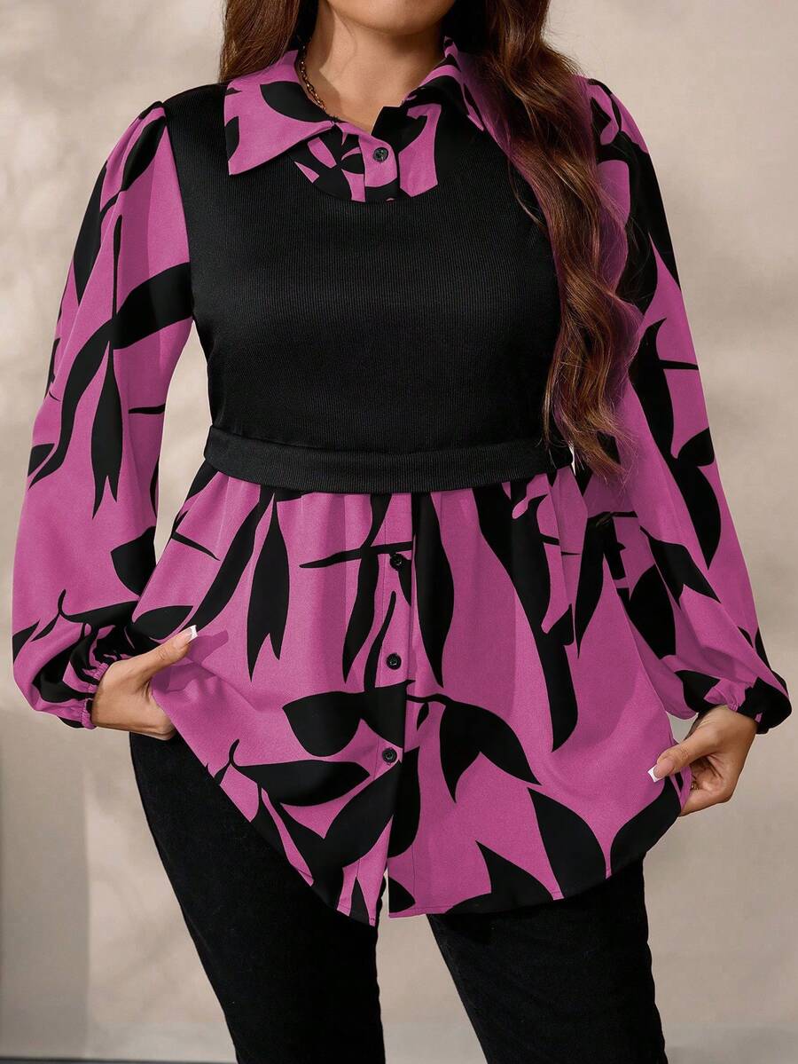 EMERY ROSE Blusa casual de punto con estampado floral y patchwork para mujer talla grande, otoño/invierno - Rosa Fucsia - Ver 1