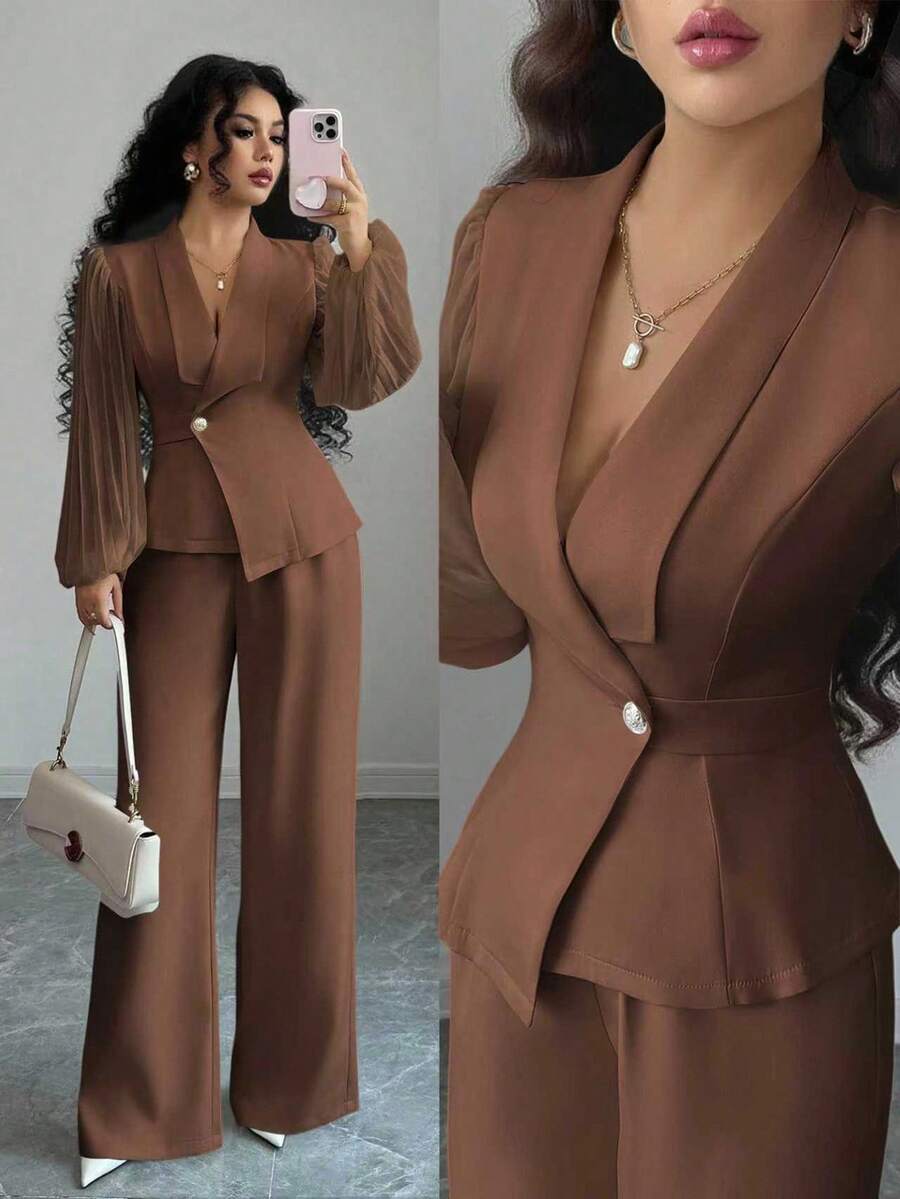 Elenzga 女士优雅百搭办公室通勤两件套，灯笼袖设计高端西装外套和九分裤，杏色，秋冬 - 棕色 - 查看 1