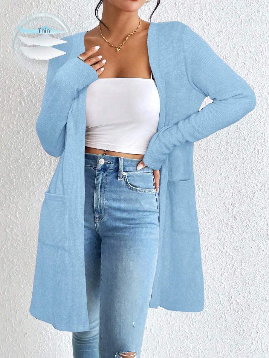 SHEIN Essnce 女士优雅常规针织开衫浅蓝色开衫薄款开衫蓝色开衫掸子开衫女士开衫秋冬装 - 淺藍色 - 查看 1