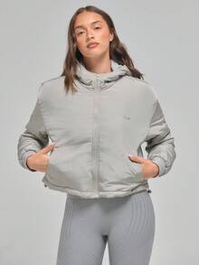 Menodora SHEIN Sport Chaqueta casual con capucha y cremallera de unicolor para mujeres, ropa de otoño e invierno - Plateado - Ver 2