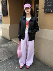 Teen Girls Black Loose Fit Leather Jacket With Motorcycle Style Fall Winter - Black - View 3