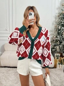 SHEIN LUNE Women's Red And White Knitted Cardigan Sweater,Autumn Holiday Christmas Sequin Top,Cute Pre Diamond Pattern Towel Embroidered Beaded Button Jumper - Red - View 3