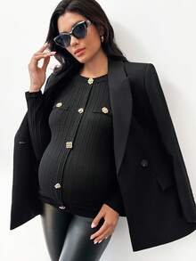 MaterniWear Áo thun bầu màu trơn, họa tiết hoa kim loại, cổ tròn, tay dài, ôm dáng, có gân, thích hợp mặc trong bụng mẹ, áo bầu cho phụ nữ mang thai, áo bầu thanh lịch, áo kiểu nữ màu đen sang trọng. - màu đen - Xem 2
