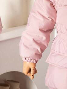 SHEIN Young Girls Autumn/Winter New Stylish Versatile Thickened Padded Coat, Hooded With Faux Fur Collar, Zipper, Pockets, Waist Cinched, Padded Coat - Pink - View 2