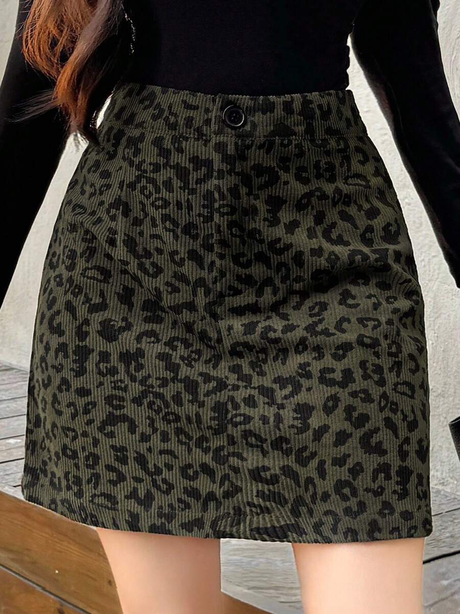 FRIFUL Women's Casual Leopard Print Button Waist Short Skirt - Army Green - View 1