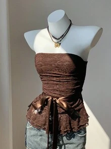 Comfortcana Women's Y2K Knotted Lace Bandeau Top Strapless Ruffled Top,Brown Top - Brown - View 5