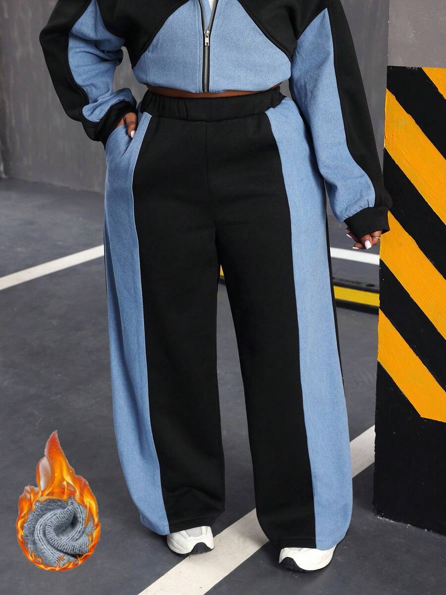 Slaydiva Quần jeans nữ cỡ lớn cạp chun, ống rộng phối màu, dáng rộng, kiểu dáng thường ngày, quần patchwork, quần xanh dương, quần cạp cao nữ, quần phối màu, quần ống rộng, quần phối màu, quần mùa đông nữ, quần jogger nữ, quần nỉ. - Nhiều màu - Xem 1